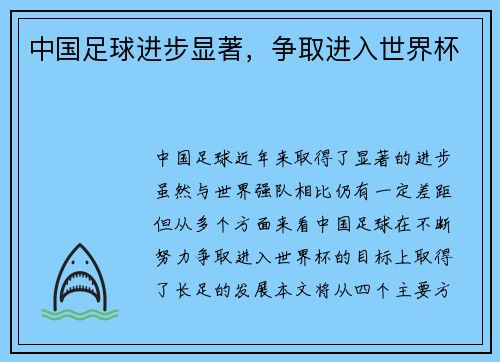 中国足球进步显著，争取进入世界杯