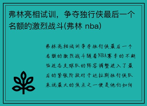 弗林亮相试训，争夺独行侠最后一个名额的激烈战斗(弗林 nba)