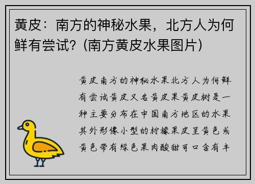 黄皮：南方的神秘水果，北方人为何鲜有尝试？(南方黄皮水果图片)