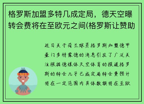 格罗斯加盟多特几成定局，德天空曝转会费将在至欧元之间(格罗斯让赞助商)